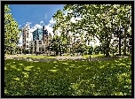 Drapacze, Chmur, Park, Carlton, Gardens, Przebijające, Światło, 
Melbourne
