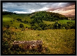Chmury, Wzgórza, Drzewa, Ławka, Trawa