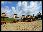 Chmury, Plaża, Parasole, Ławki, Drzewa