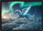 Fantasy, Koń, Biały, Skrzydła, Pegaz, Zorza polarna, Chmury