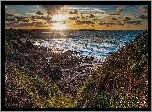 Morze, Wybrzeże, Skały, Chmury, Zachód słońca, Pointe de la Garde Guerin, Bretania, Francja
