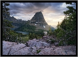 Stany Zjednoczone, Stan Montana, Park Narodowy Glacier, Jezioro, Hidden Lake, Kozioł śnieżny, Góry, Skały, Las, Drzewa, Chmury