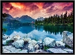 Chmury, Góry, Lasy, Jezioro, Kamienie