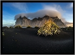 Islandia, Góra Vestrahorn, Plaża Stokksnes, Ciemny, Piasek, Roślinność, Morze, Chmury