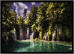 Park Narodowy Jezior Plitwickich, Wodospady, Skały, Drzewa, Obłoki, Chorwacja