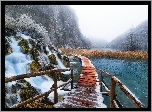 Chorwacja, Plitvice, Jezioro, Wodospad, Kładka, Zima