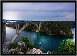 Zatoka Sibenik, Most Sibenik, Jacht, Skały, Drzewa, Szybenik, Chorwacja