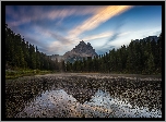 Jezioro, Antorno Lake, Góry, Dolomity, Masyw, Tre Cime di Lavaredo, Drzewa, Odbicie, Prowincja Belluno, Włochy