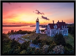 Stany Zjednoczone, Stan Massachusetts, Zatoka, Cape Cod Bay, Morze, Latarnia morska, Nobska Point Ligh, Zachód słońca