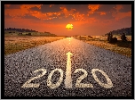 Zachód słońca, Chmury, Drzewa, Droga, Nowy Rok, 2020, Cyfry