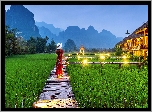 Pola, Ryżowe, Dziewczyna, Kapelusz, Czerwona, Sukienka, Pomost, Domy, Oświetlenie, Góry, Drzewa, Vang Vieng, Laos