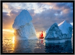 Góry lodowe, Żaglówka, Wschód słońca, Chmury, Grenlandia, Dania