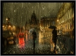 Deszcz, Ludzie, Ulica, Budynki