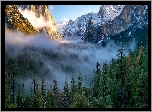 Dolina Yosemite Valley, Park Narodowy Yosemite, Lasy, Mgła, Góry, Stan Kalifornia, Stany Zjednoczone