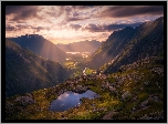 Norwegia, Dolina Romsdalen, Rzeka Rauma, Góry, Zachód słońca