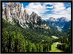 Włochy, Prowincja Trydent, Góry, Alpy, Dolomity, Dolina, Val di Fassa, Lasy, Domy