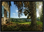 Dom, Drzewo, Ławeczka, Ogrodzenie
