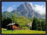 Alpy, Włoskie, Dolina, Val Gardena, Łąki, Drzewa, Chmury, Drewniany, Dom