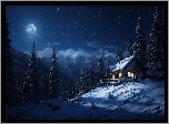 Zima, Dom, Góry, Księżyc, Drzewa