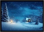 Zima, Ośnieżone, Drzewa, Dom, Śnieg, Grafika