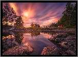 Norwegia, Ringerike, Jezioro Vaeleren, Zachód słońca,  Drzewa, Łódka, Dom