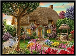 Domek, Ogródek, Wieś, Studnia, Grafika 2D