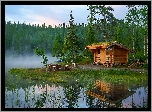 Domek, Las, Jezioro, Mgła, Odbicie