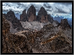 Góry, Tre Cime di Lavaredo, Dolomity, Włochy, Śnieg, Domki