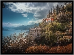 Ronco nad Asconą, Jezioro Maggiore, Drzewa, Palmy, Domy, Wzgórze, Drzewa, Roślinność, Chmury, Kanton Ticino, Szwajcaria