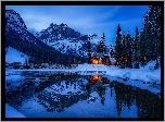 Kanada, Park Narodowy Yoho, Góry, Zima, Jezioro, Most, Domy