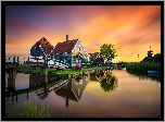 Holandia, Skansen Zaanse Schans, Rzeka, Most, Budynki, Zachód słońca, Domy