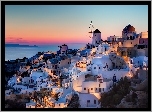 Grecja, Santorini, Wioska Oia, Domy, Zachód Słońca, Wiatrak