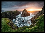 Zachód słońca, Chmury, Morze, Skały, Hrabstwo Donegal, Przylądek Malin Head, Irlandia