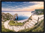 Łuk wapienny, Durdle Door, Morze, Skały, Wybrzeże Jurajskie, Schody, Wschód słońca, Plaża, Anglia