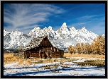 Drewniana, Chata, Góry Teton Range, Śnieg, Drzewa, Park Narodowy Grand Teton, Stan Wyoming, Stany Zjednoczone