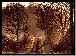 Droga, Mgła, Drzewa, Sepia