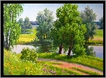 Droga, Drzewa, Rzeka, Polne, Kwiaty