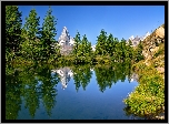Szwajcaria, Góry, Alpy, Szczyt, Matterhorn, Jezioro, Riffelsee, Drzewa