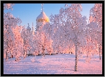 Białogórski Monaster św Mikołaja, Cerkiew, Zima, Śnieg, Ośnieżone, Drzewa, Biała Góra, Obwód permski, Rosja