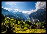 Góry, Alpy, Drzewa, Chmury, Domy, Dolina Lauterbrunnental, Lauterbrunnen, Kanton Bern, Szwajcaria