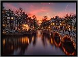 Holandia, Amsterdam, Rzeka, Kanał Leidsegracht, Most, Drzewa, Domy, Światła, Zachód słońca