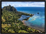 Z lotu ptaka, Wybrzeże, Góry, Pola, Drzewa, Morze, Zatoka, Drzewa, Kailua, Wyspa Oahu, Hawaje, Stany Zjednoczone