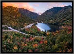 Jesień, Jezioro, Echo Lake, Góry, White Mountains, Lasy, Drzewa, Droga, New Hampshire, Stany Zjednoczone