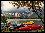 Jezioro, Edith Lake, Kolorowe, Kajaki, Drzewa, Góry, Park Narodowy Jasper, Alberta, Kanada