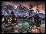 Jezioro Hintersee, Góry Alpy, Skały, Drzewa, Kamienie, Chmury, Gmina Berchtesgadener, Bawaria, Niemcy