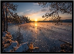 Jezioro, Drzewa, Zachód słońca, Zima, Ringerike, Norwegia