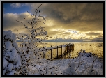 Stany Zjednoczone, Jezioro Tahoe, Zima, Pomost, Wschód słońca, Drzewa