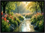 Strumień, Drzewa, Kwiaty, Słoneczny blask