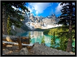 Kanada, Park Narodowy Banff, Góry, Jezioro Moraine, Ławka, Drzewa