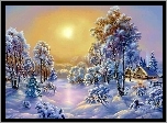 Drzewa, Domki, Śnieg, Zima